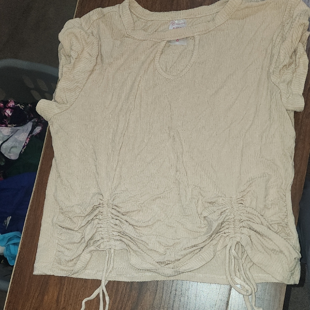 No Boundaries Beige Ruched Short Sleeve Top